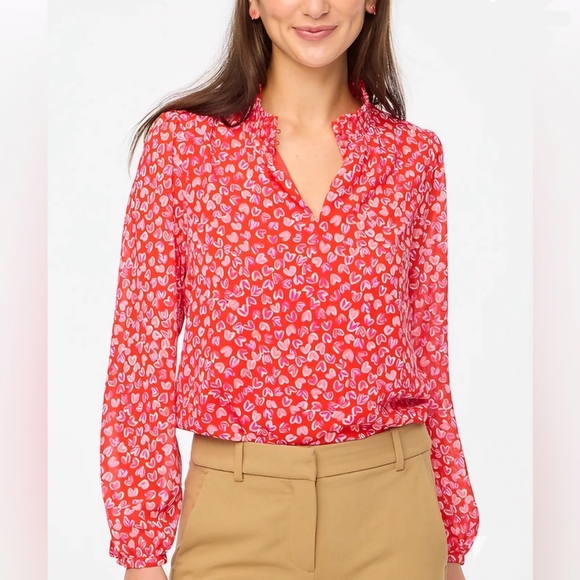 J. Crew Tops - J.Crew Heart Print Blouse Women’s M Red Pink Long Sleeve Romantic Top